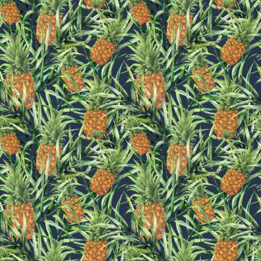 Ham ananas ile suluboya tropikal desen. El ile palmiye yaprakları koyu mavi arka plan üzerinde izole tropikal meyve boyalı. Gıda botanik gösterim amacıyla tasarım, yazdırma veya kumaş.