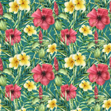 Plumeria ve hibiskus suluboya tropikal parlak desen. El çiçekleri koyu mavi arka plan üzerinde izole palmiye yaprakları ile boyalı. Botanik süs tasarım, baskı, kumaşlar için.