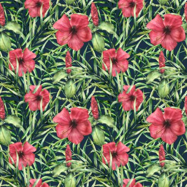 Hibiskus suluboya tropikal parlak deseni. El çiçekleri koyu mavi arka plan üzerinde izole palmiye yaprakları ile boyalı. Botanik süs tasarım, baskı, kumaşlar için.