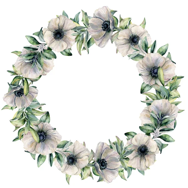Akvarelu bílá Sasanka věnec s eukalyptu. Ručně malované květiny a listy izolované na bílém pozadí. Botanická květinové ilustrace pro design, tkaniny, pozadí nebo tisk. — Stock fotografie