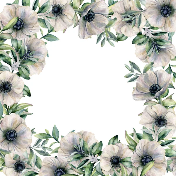 Carte florale aquarelle avec anémone. Illustration peinte à la main avec des fleurs et des feuilles isolées sur fond blanc. Pour la conception, l'impression, le tissu ou le fond . — Photo