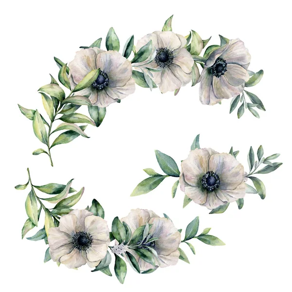 Akvarell virágos szellőrózsa kompozíció. Kézzel festett fehér virágok és eukaliptusz levelek a elszigetelt fehér háttér. Szövet vagy háttér botanikai illusztráció tervezése, nyomtatása. — Stock Fotó