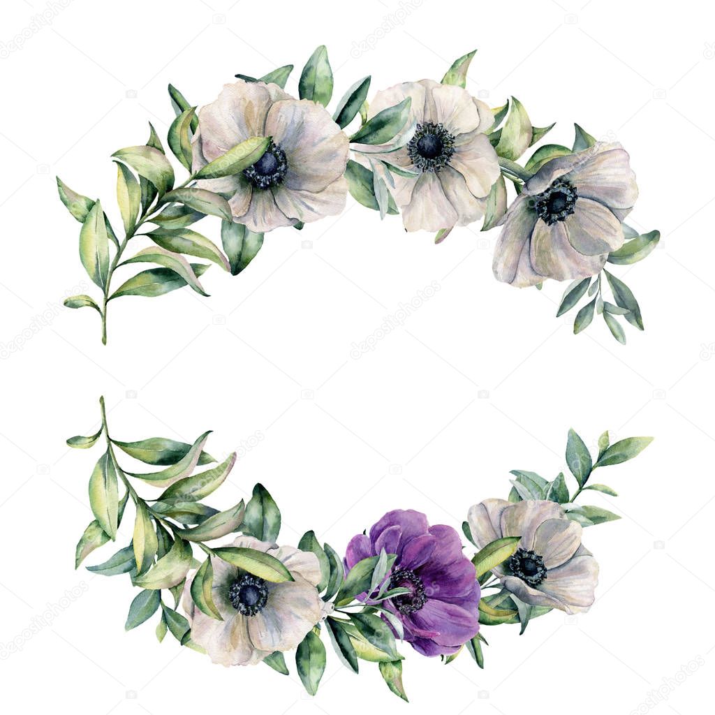 Watercolor branch with violet, white anemone and leaves. Hand painted white,violet flowers and eucalyptus leaves isolated on white background. Botanical illustration for design, fabric or background.