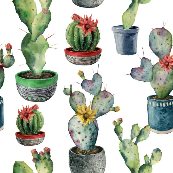 Patrón sin costura de acuarela con cactus en una olla. Opuntia pintada a mano, cereus en una maceta verde, roja y azul aislada sobre fondo blanco. Ilustración para diseño, tela, impresión o fondo . —  Fotos de Stock