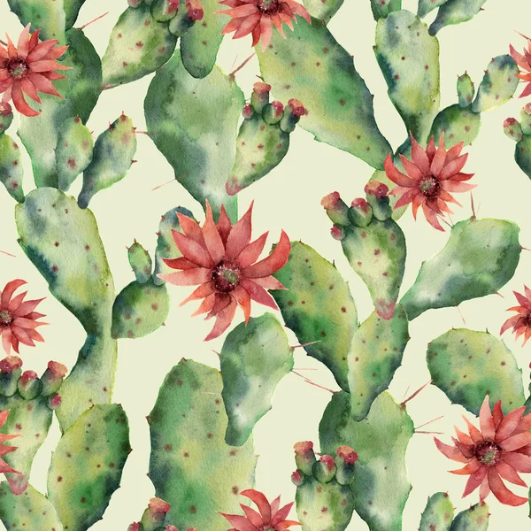 Aquarell Kakteen und Blumen nahtlose Patttern. Hand bemalte Opuntia isoliert auf weißem Hintergrund. Illustration für Design, Druck, Stoff oder Hintergrund. — Stockfoto