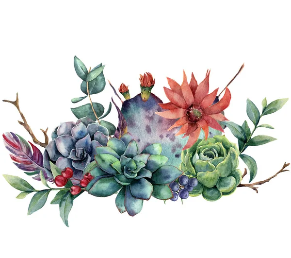 Ramo floral de acuarela con cactus y flores. Opuntia pintada a mano, suculenta, bayas, plumas, hojas de eucalipto aisladas sobre fondo blanco. Ilustración para diseño, tela o fondo . — Foto de Stock