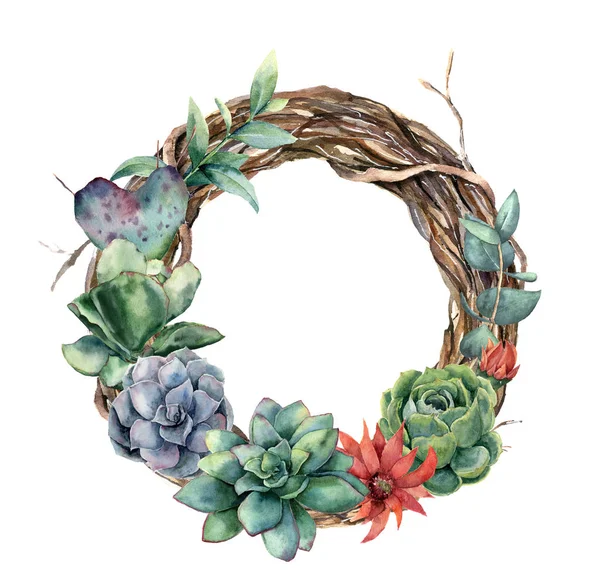 Watercolor tree wreath with cactus and succulent. Hand painted opuntia, echeveria, eucalyptus leaves with succulent isolated on white background. Illustration for design, print, fabric or background. — Stock Photo, Image