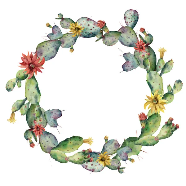 Ακουαρέλα ανθοφορίας κάκτους στεφάνι. Opuntia ζωγραφισμένη στο χέρι με το κόκκινο και το κίτρινο λουλούδι που απομονώνονται σε λευκό φόντο. Εικονογράφηση για το σχεδιασμό, εκτύπωση, το ύφασμα ή το φόντο. — Φωτογραφία Αρχείου