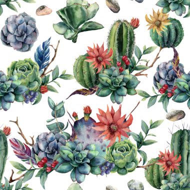 Kaktüsler ile sulu boya Dikişsiz desen ve kırmızı, sarı çiçekler. Cereus, etli, çilek, dal ve yaprak beyaz arka plan üzerinde izole el boyalı. Gösterim amacıyla tasarım, kumaş veya Yazdır.