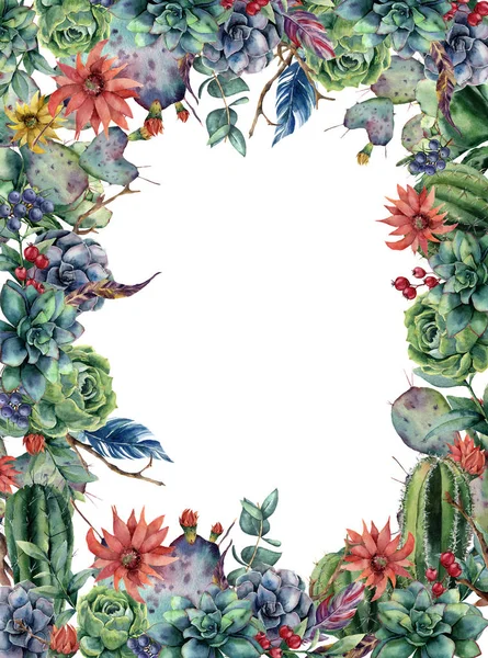 Aquarel bloemen kaart met cactus. Hand geschilderde afbeelding met bloeiende opuntia, sappige, bessen, veren, eucalyptus bladeren geïsoleerd op witte achtergrond. Voor ontwerp-, weefsel- of achtergrond. — Stockfoto