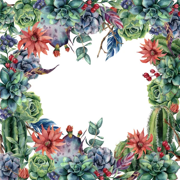 Tarjeta floral acuarela con flor y cactus. Ilustración pintada a mano con opuntia, suculentas, bayas, plumas, hojas de eucalipto aisladas sobre fondo blanco. Para diseño, tela o fondo . —  Fotos de Stock