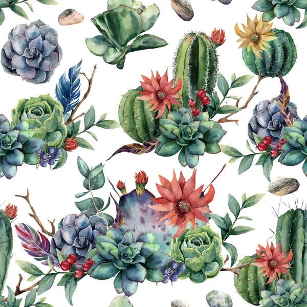 Kaktüsler ile sulu boya Dikişsiz desen ve kırmızı, sarı çiçekler. Cereus, etli, çilek, dal ve yaprak beyaz arka plan üzerinde izole el boyalı. Gösterim amacıyla tasarım, kumaş veya Yazdır.