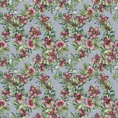 Suluboya Karaca ot çiçeklerle sorunsuz. El snowberry, köknar dal ve yaprakları, üzerinde mavi arka plan izole berry boyalı. Kış çiçek süsleme tasarım ve fabris için. Tatil Yazdır.