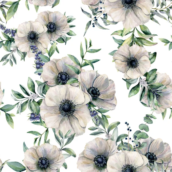 水彩无缝图案与海葵。手绘白色花朵, 桉树叶, 浆果和杜松在白色背景上孤立。设计、织物、印刷或背景插图. — 图库照片