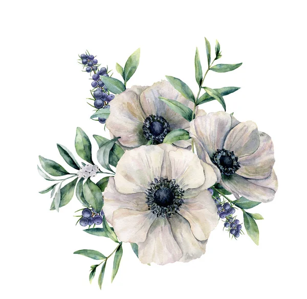 Aquarell weiße Anemone und Beerenstrauß. handbemalte Blume, Eukalyptusblätter, weiße Beeren und Wacholder isoliert auf weißem Hintergrund. Illustration für Design, Stoff, Druck oder Hintergrund. — Stockfoto