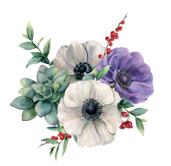 Akvarel, bílé sasanky a sukulentní kytice. Ručně malované, barevné květiny, eucalyptus listy a bobule izolovaných na bílém pozadí. Ilustrace pro design, tkaniny, tisk nebo pozadí. — Stock fotografie