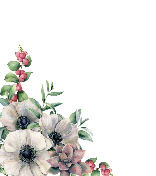 Aquarelle anémone blanche et rose carte succulente. Fleur colorée peinte à la main, feuilles d'eucalyptus et baies isolées sur fond blanc. Illustration pour le design, le tissu, l'impression ou le fond . — Photo