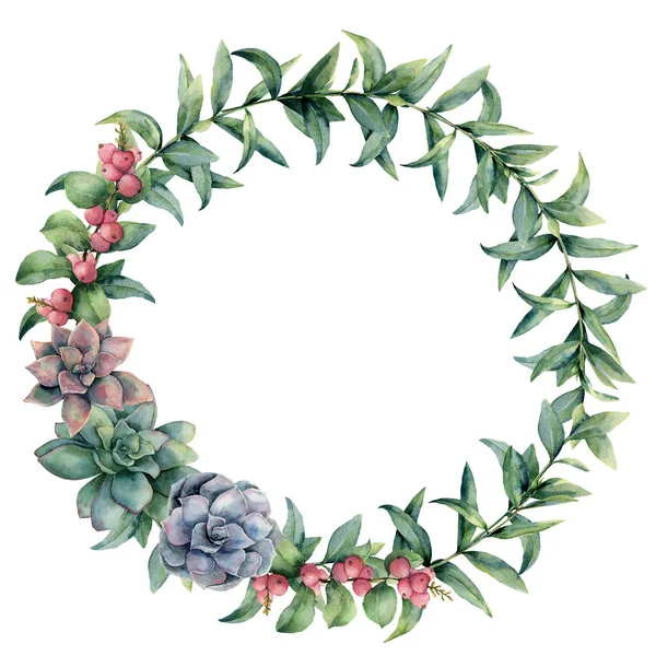 Watercolor flowering cactuses wreath with berries. Hand painted colorful succulent, coral hypericum and eucalyptus leaves on white background. Illustration for design, print, fabric or background. — Stock Photo, Image