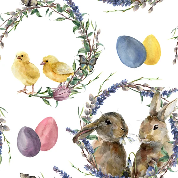 Watercolor easter wreath pattern. Hand painted rabbit, chicken with lavender, willow, tulip, color eggs, butterfly and tree branch isolated on white background. Holiday symbol illustration for design.