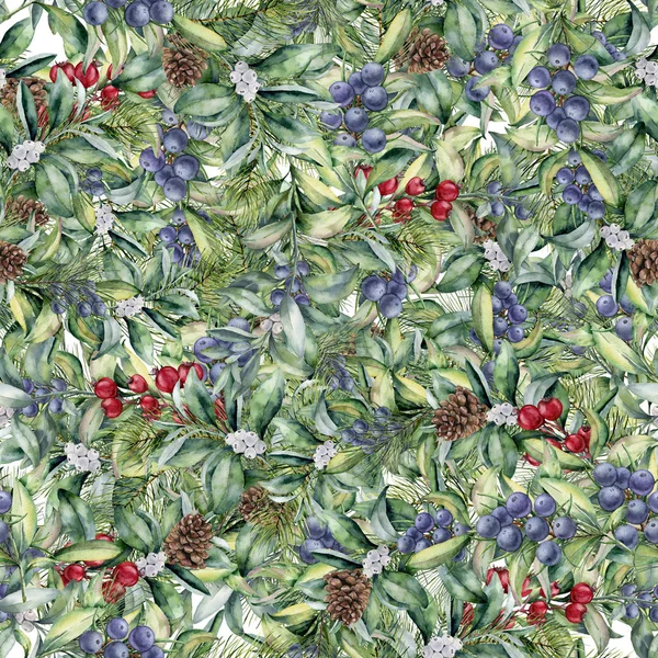 Watercolor floral pattern with eucalyptus leaves and berries. Hand painted exotic branch with white, red and blue berries isolated on white background. Botanical illustration for design and fabric. — Stock Photo, Image
