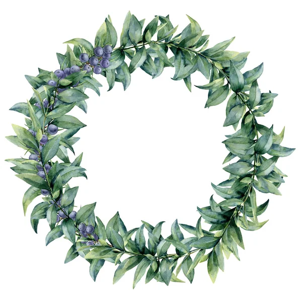 Watercolor eucalyptus elegant wreath with juniper. Hand painted exotic leaves and branch isolated on white background. Botanical floral illustration. For design or print. — Stock Photo, Image