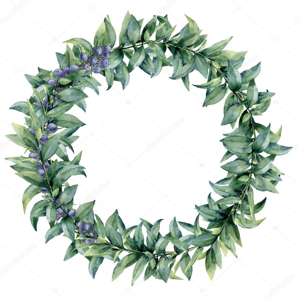 Watercolor eucalyptus elegant wreath with juniper. Hand painted exotic leaves and branch isolated on white background. Botanical floral illustration. For design or print.