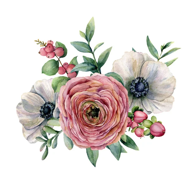 Akvarell csokor virág bogyókkal. Kézzel festett, anemone, ranunculus, euvaliptus levelek és zamatos ág elszigetelt fehér background. Ábrán a tervezés, a szövet, a nyomtatás vagy a háttér. — Stock Fotó