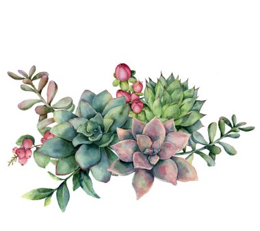 Suluboya sulu buket kırmızı meyveler ile. Yeşil ve mor çiçekler, şube ve beyaz arka plan üzerinde izole hypericum el boyalı. Tasarım, kumaş, baskı veya arka plan için çiçek şekil.