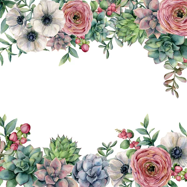 Aquarellkarte mit Blumen und Beeren. Handgemalte Hahnenfußgewächse, Anemonen, Sukkulenten, rote Beeren- und Eukalyptusblätter auf weißem Hintergrund. Florale Illustration für Design, Druck, Stoff oder Hintergrund. — Stockfoto