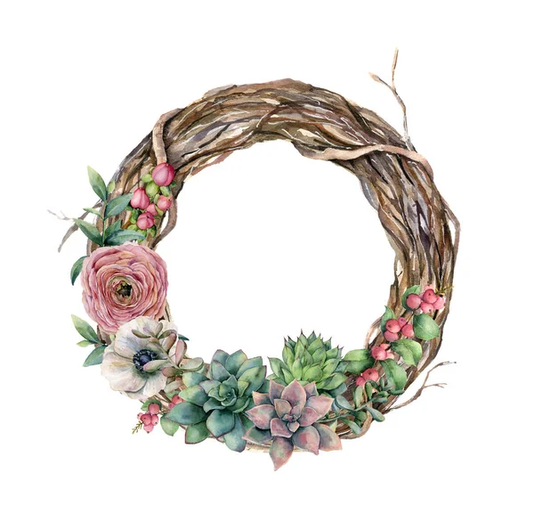 Watercolor tree wreath with cactus and ranunculus. Hand painted hypericum, anemone, succulent, red berry and eucalyptus leaves on white background. Illustration for design, fabric or background.