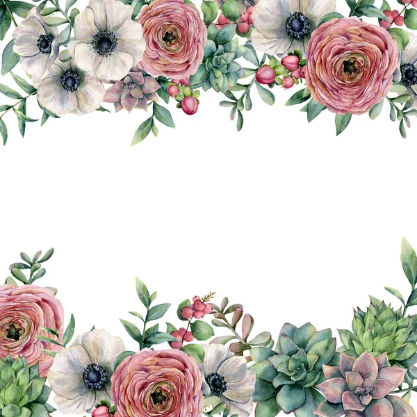 Aquarel kaart met bessen en bloemen. Hand geschilderd Boterbloem, anemone, sappige, rode bessen en eucalyptus bladeren op een witte achtergrond. Floral illustratie voor ontwerp, afdrukken, stof of achtergrond. — Stockfoto