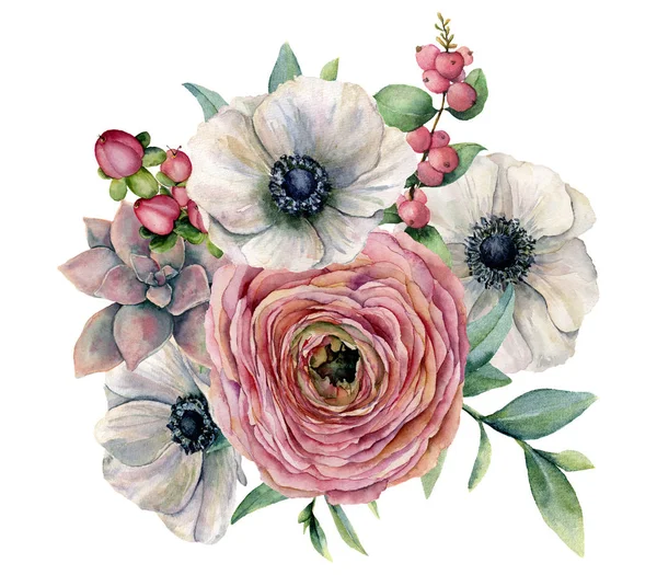 Bouquet aquarelle succulent, ranunculus et anémone. Fleurs peintes à la main, feuilles d'eucaliptus, baies et branches succulentes isolées sur fond blanc. Illustration pour la conception, l'impression ou le fond . — Photo