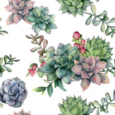 Sulu Boya Dikişsiz desen sulu buket ve kırmızı meyveler ile. Çiçek, dal ve beyaz arka plan üzerinde izole hypericum el boyalı. Tasarım, kumaş veya arka plan için çiçek şekil.