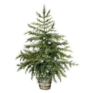 Suluboya Noel ağacı kartı. Beyaz arka planda izole edilmiş oyuncaklarla el yapımı yeni yıl ağacı. Tasarım, baskı, kumaş veya arkaplan için tatil illüstrasyonu.