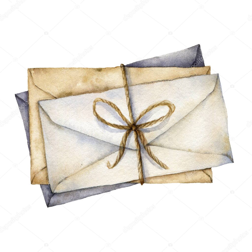 Watercolor envelopes with bow. Hand painted white, beige and blue envelopes isolated on white background. Vintage mail icon. Christmas illustration for design, print, fabric or background.
