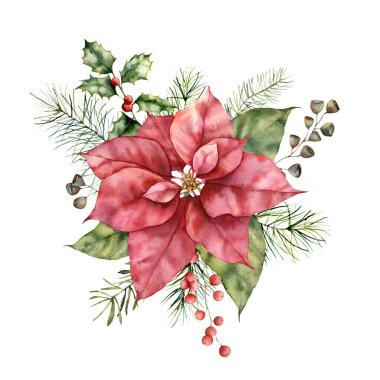Puantiyeli suluboya Noel buketi ve Holly. El boyaması tatil çiçeği, tohumlar ve böğürtlenler beyaz arka planda izole. Tasarım, baskı, kumaş veya arkaplan için kış resimleri.