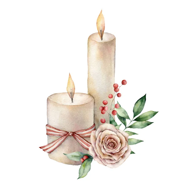Bougies aquarelle avec composition florale de Noël. Rose peinte à la main, branche d'eucalyptus, baie rouge et arc rayé isolés sur fond blanc. Illustration pour la conception, l'impression, le tissu, le fond . — Photo