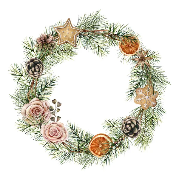 Aquarell-Weihnachtskranz mit Blumendekor. Handbemalter Tannenkranz mit Rosen, Zapfen, Zweigen, Keksen und Orangenscheiben isoliert auf weißem Hintergrund. Florale Illustration für Design oder Druck. — Stockfoto