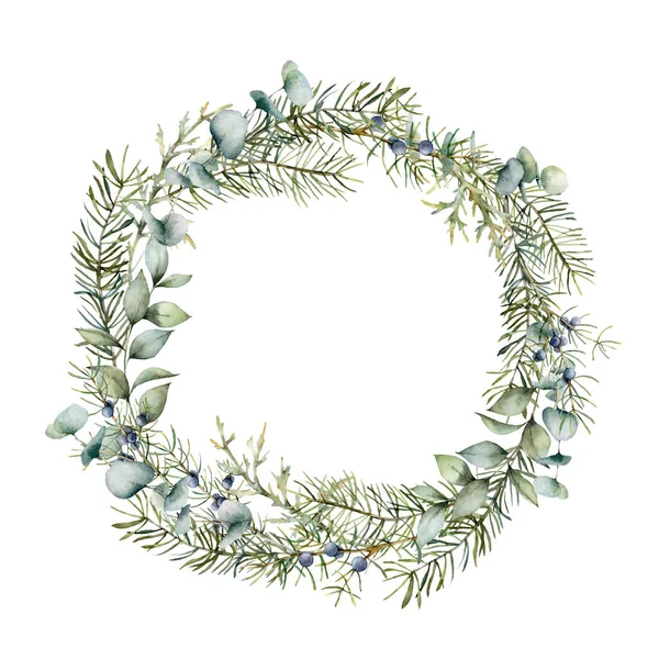 Watercolor winter wreath with juniper and eucalyptus branch. Hand painted berries and leaves composition isolated on white background. Holiday floral illustration for design, print or background. — Stock Photo, Image