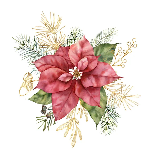 Watercolor Christmas bouquet with poinsettia and golden mistletoe. Hand painted holiday plant isolated on white background. Winter floral illustration for design, print, fabric or background.