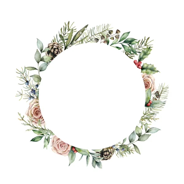 Watercolor Christmas border with flowers and plant decor. Hand painted fir wreath with roses, cones, branches, berries and seeds isolated on white background. Floral illustration for design or print. — Stock Photo, Image