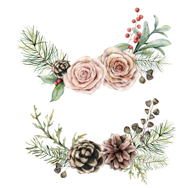 Watercolor roses, pine cone and branch set. Hand painted floral composition. Vintage flowers, seeds and red berries isolated on white background. Botanical illustration for design, print, background. — ストック写真