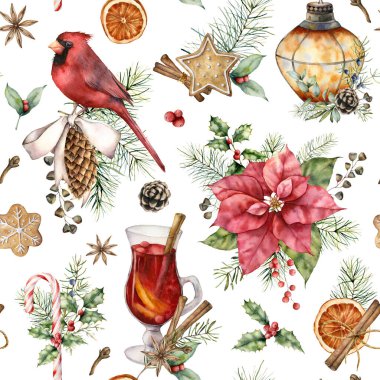 Kardinal ve noktalı suluboya Noel desenleri. Fenerli el boyası kart ve beyaz arka planda izole edilmiş sıcak şarap. Tasarım, baskı, kumaş veya arkaplan çizimi.