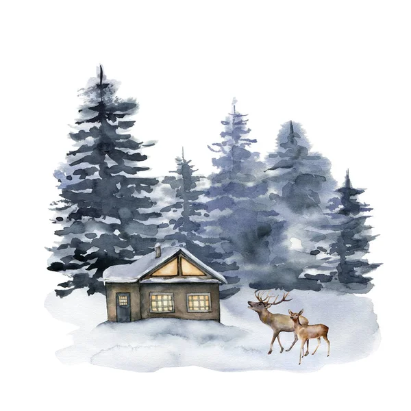 Ciervos de acuarela y casa en bosque de invierno. Ilustración navideña pintada a mano con animales y abetos aislados sobre fondo blanco. Tarjeta de vacaciones para el diseño, impresión, tela, fondo. Vida silvestre . —  Fotos de Stock