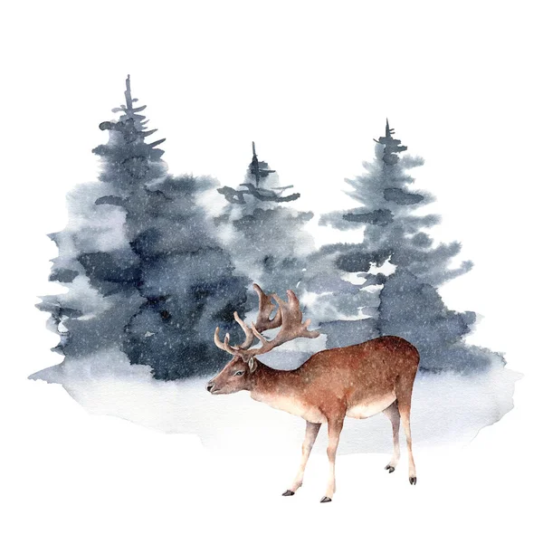 Aquarell Hirsch im Winterwald. Handgemalte Weihnachtsillustration mit Tier- und Tannenbäumen isoliert auf weißem Hintergrund. Urlaubskarte für Design, Druck, Stoff oder Hintergrund. Wildtiere und Nebel. — Stockfoto