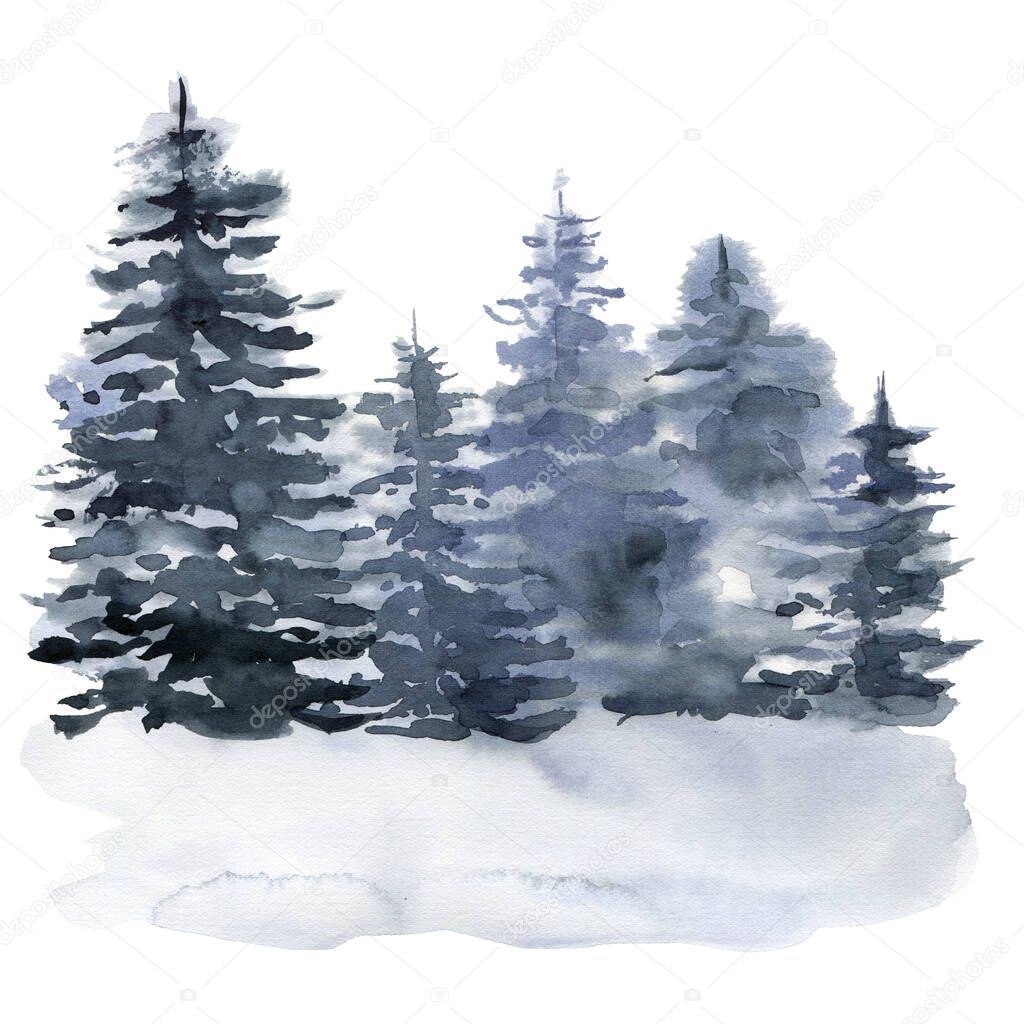 Watercolor winter forest. Hand painted foggy fir trees illustration isolated on white background. Holiday clip art for design, print, fabric or background. Christmas card.