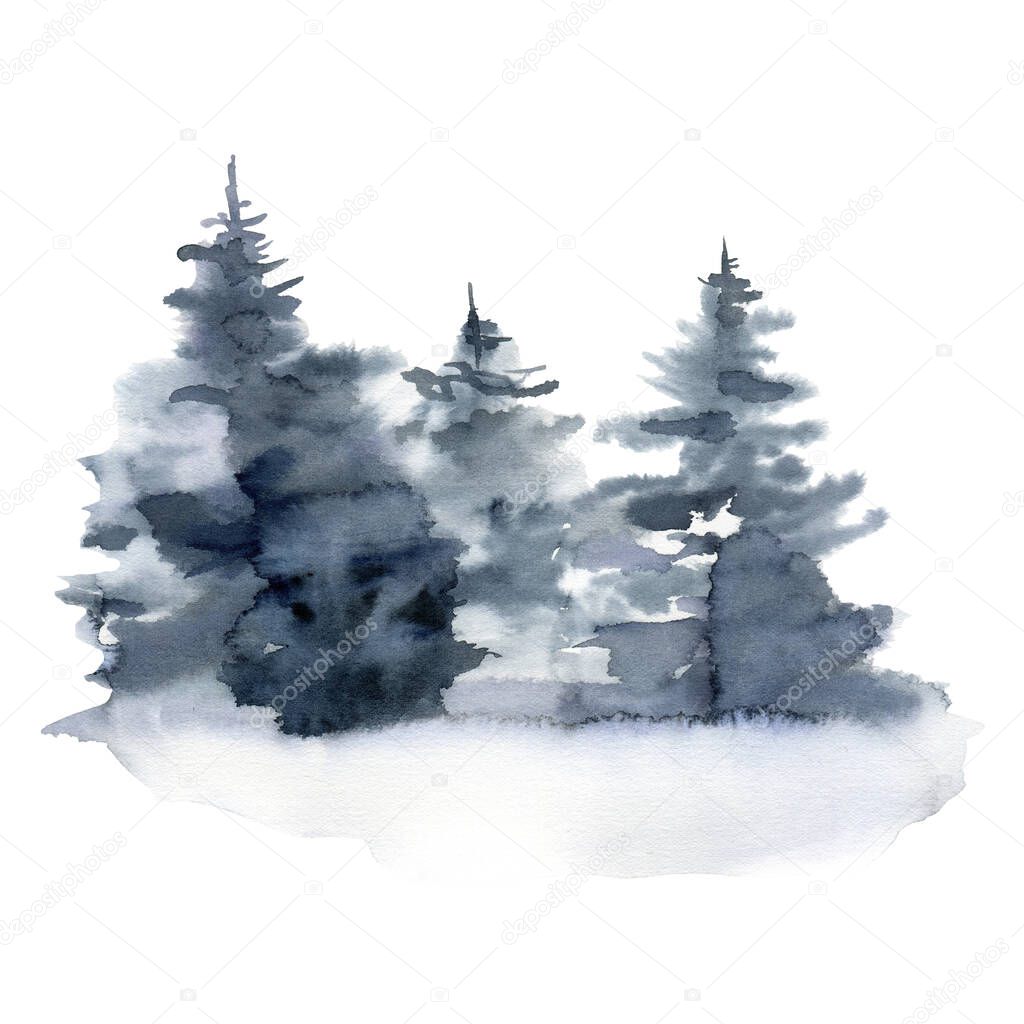 Watercolor winter foggy forest. Hand painted fir trees illustration isolated on white background. Holiday clip art for design, print, fabric or background. Christmas card.