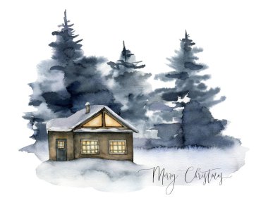 İçinde kış ormanı ve ev olan suluboya Noel kartı. Elle boyanmış sisli köknar ağaçları beyaz arka planda izole edilmiş. Tasarım, baskı, kumaş veya arkaplan için klip sanatı.