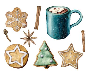 Kupa, pasta ve kakao ile suluboya Noel seti. El boyası bardak, lokum, kurabiyeler ve beyaz arka planda izole edilmiş tarçın çubukları. Tatil sembolleri. Tasarım için sezonluk moda illüstrasyonu.