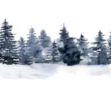 Watercolor seamless border with winter forest. Hand painted foggy fir trees illustration isolated on white background. Holiday clip art for design, print, fabric or background. Christmas card.